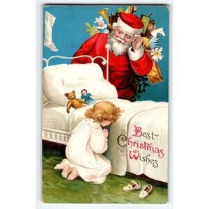 Santa Claus Christmas Postcard Ellen Clapsaddle Girl Prays Embossed Germany